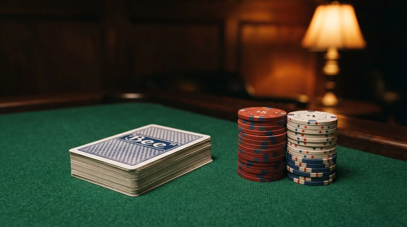 Kortlek och staplar av spelmarker på ett grönt filtbord i en dunkel salong, varmt lampsken — 10 euro casino i sverige