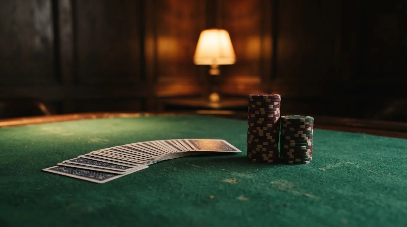 Kortlek och staplar av spelmarker på ett grönt filtbord i en dunkel salong, varmt lampsken — 10 free spins casino i sverige