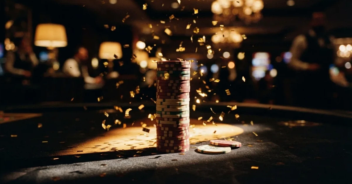 Guldkonfetti faller över spelmarker på ett svart bord, en ljuskägla träffar högens topp — 10 free spins casino i sverige
