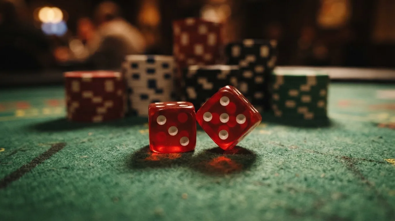 Röda tärningar vilar på grönt filt, bakom dem suddiga torn av spelmarker i kvällsdunklet — 10 kr casino i sverige