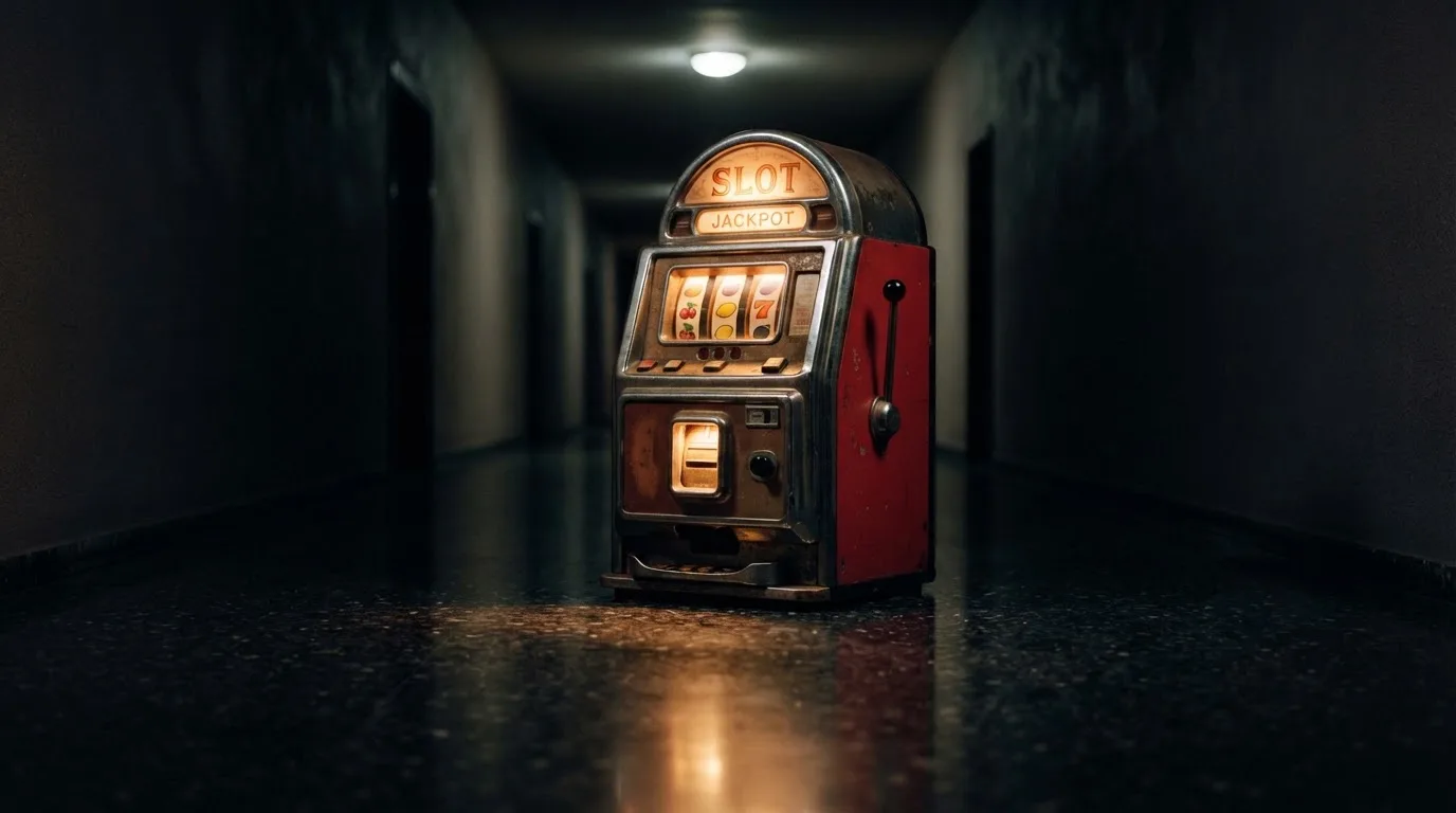 En gammal spelautomat lyser i den dunkla hallen och speglar sig i golvet — 100 free spins casino i sverige