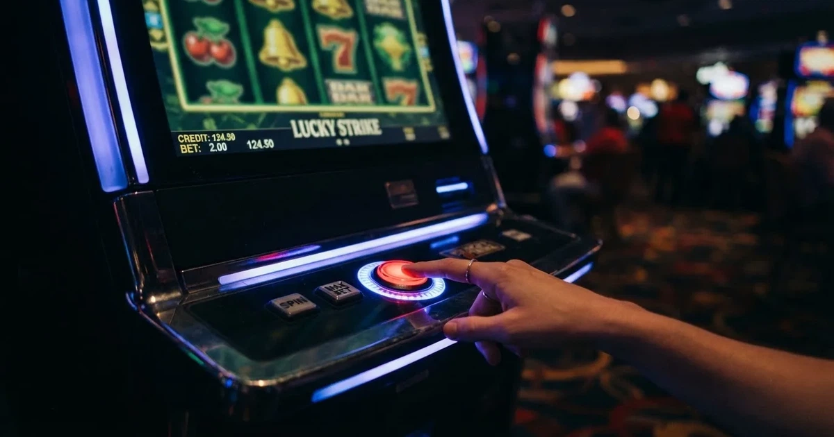 Ett finger trycker på spelautomatens klarröda knapp i dunklet, neonljus lyser runt omkring — 100 free spins casino i sverige