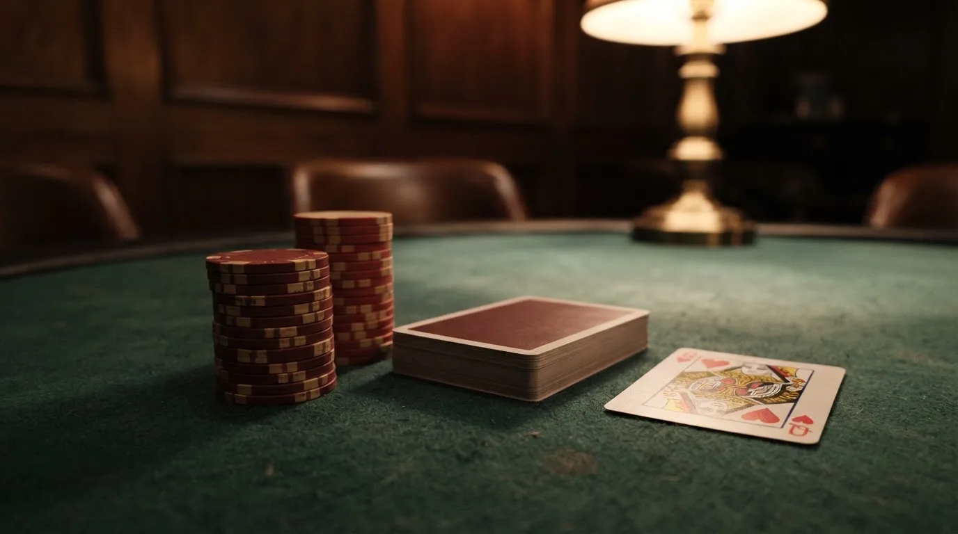 Kortlek och staplar av spelmarker på ett grönt filtbord i en dunkel salong, varmt lampsken — 150 free spins casino i sverige