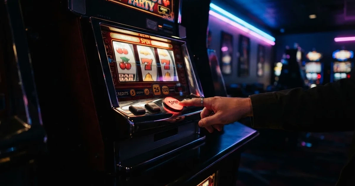 Ett finger trycker på spelautomatens klarröda knapp i dunklet, neonljus lyser runt omkring — 150 free spins casino i sverige