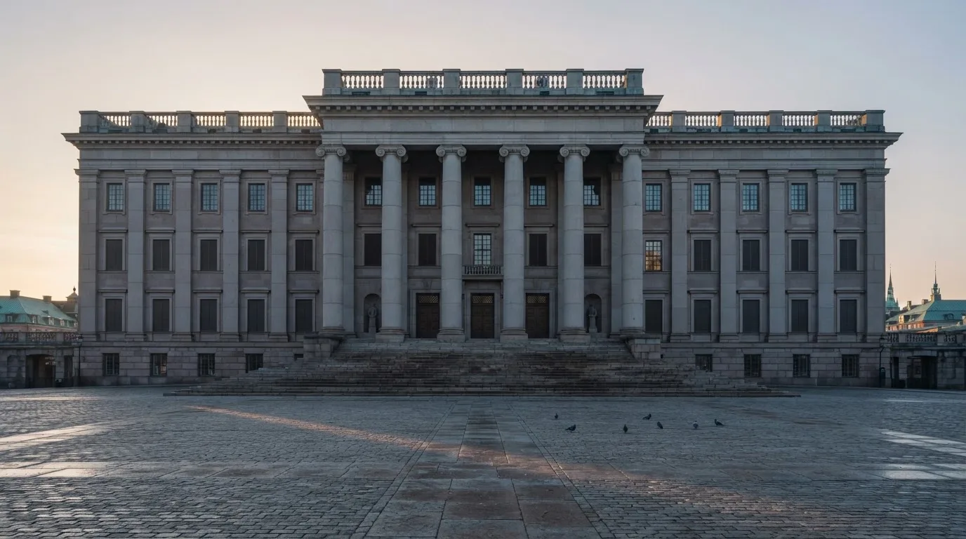 Stenfasad på en statlig byggnad i Stockholm vid gryning, höga pelare och ett tomt torg framför — 150 free spins casino i sverige