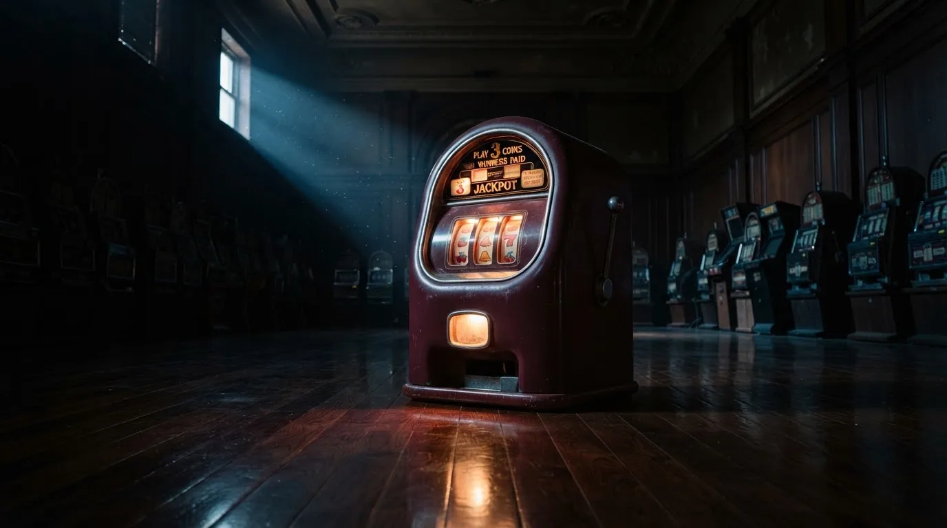 En gammal spelautomat lyser i den dunkla hallen och speglar sig i golvet — 150 kr casino i sverige