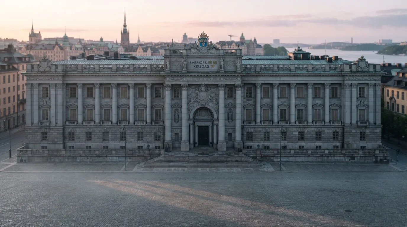 Stenfasad på en statlig byggnad i Stockholm vid gryning, höga pelare och ett tomt torg framför — 150 kr casino i sverige