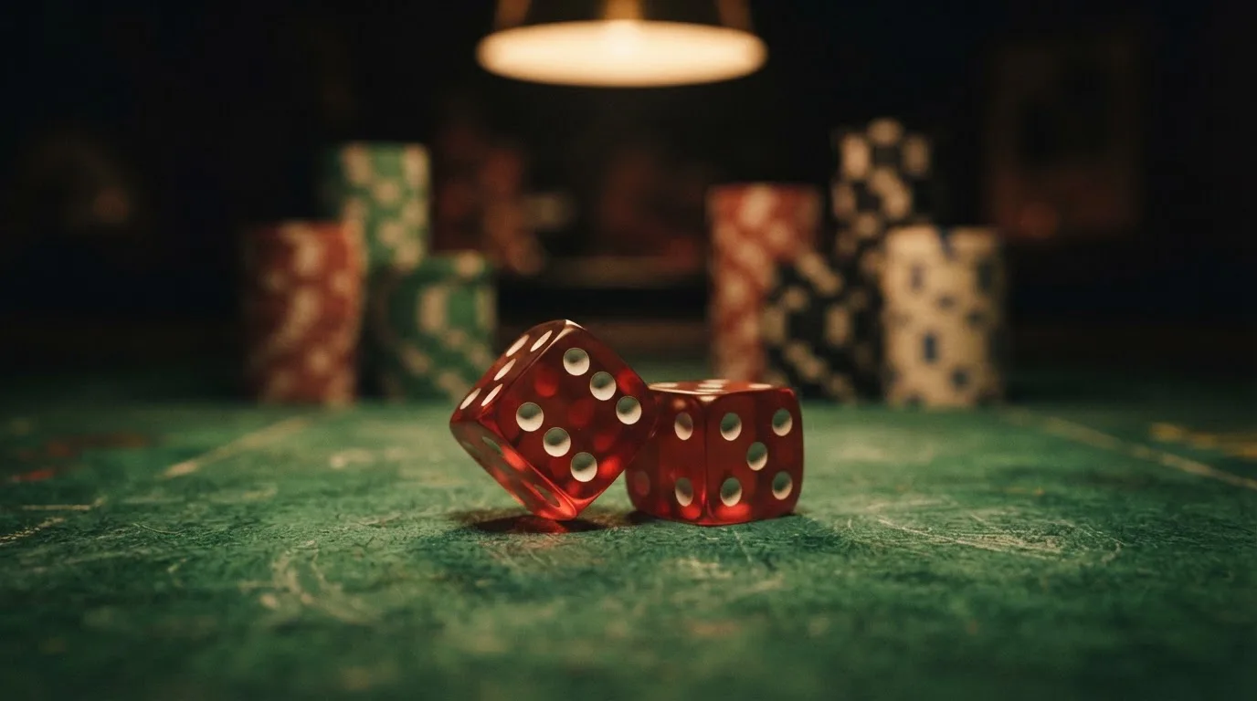 Röda tärningar vilar på grönt filt, bakom dem suddiga torn av spelmarker i kvällsdunklet — 20 free spins casino i sverige