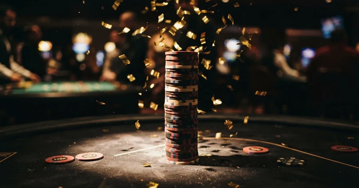 Guldkonfetti faller över spelmarker på ett svart bord, en ljuskägla träffar högens topp — 200 free spins casino i sverige