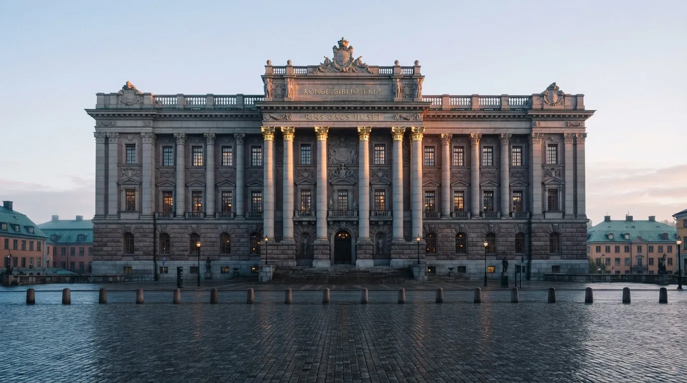 Stenfasad på en statlig byggnad i Stockholm vid gryning, höga pelare och ett tomt torg framför — 200 free spins casino i sverige