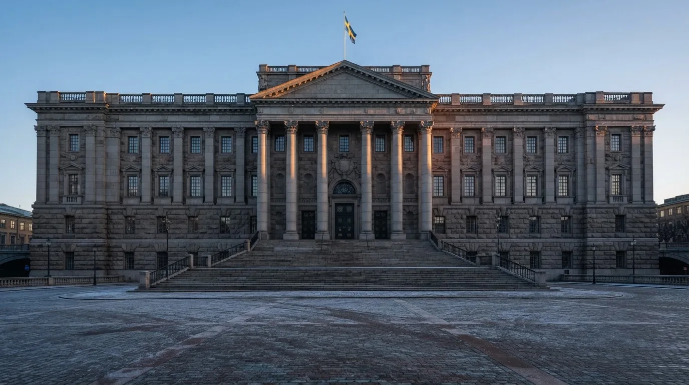 Stenfasad på en statlig byggnad i Stockholm vid gryning, höga pelare och ett tomt torg framför — 200 kr casino i sverige