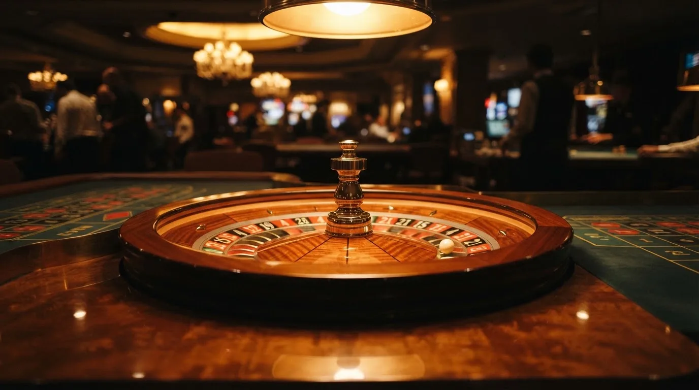 Ett roulettehjul snurrar på ett blankt träbord, den vita kulan glimmar i takljusets guld — 30 free spins casino i sverige