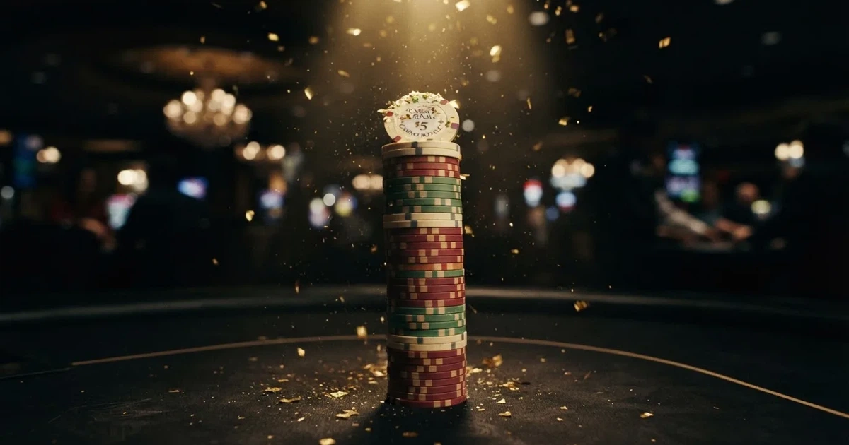 Guldkonfetti faller över spelmarker på ett svart bord, en ljuskägla träffar högens topp — 30 free spins casino i sverige