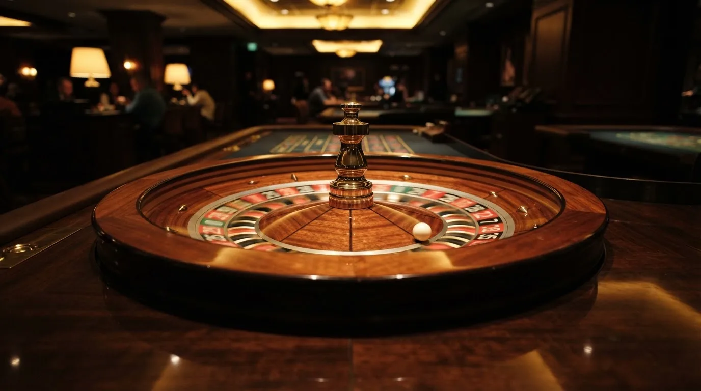 Ett roulettehjul snurrar på ett blankt träbord, den vita kulan glimmar i takljusets guld — 40 free spins casino i sverige