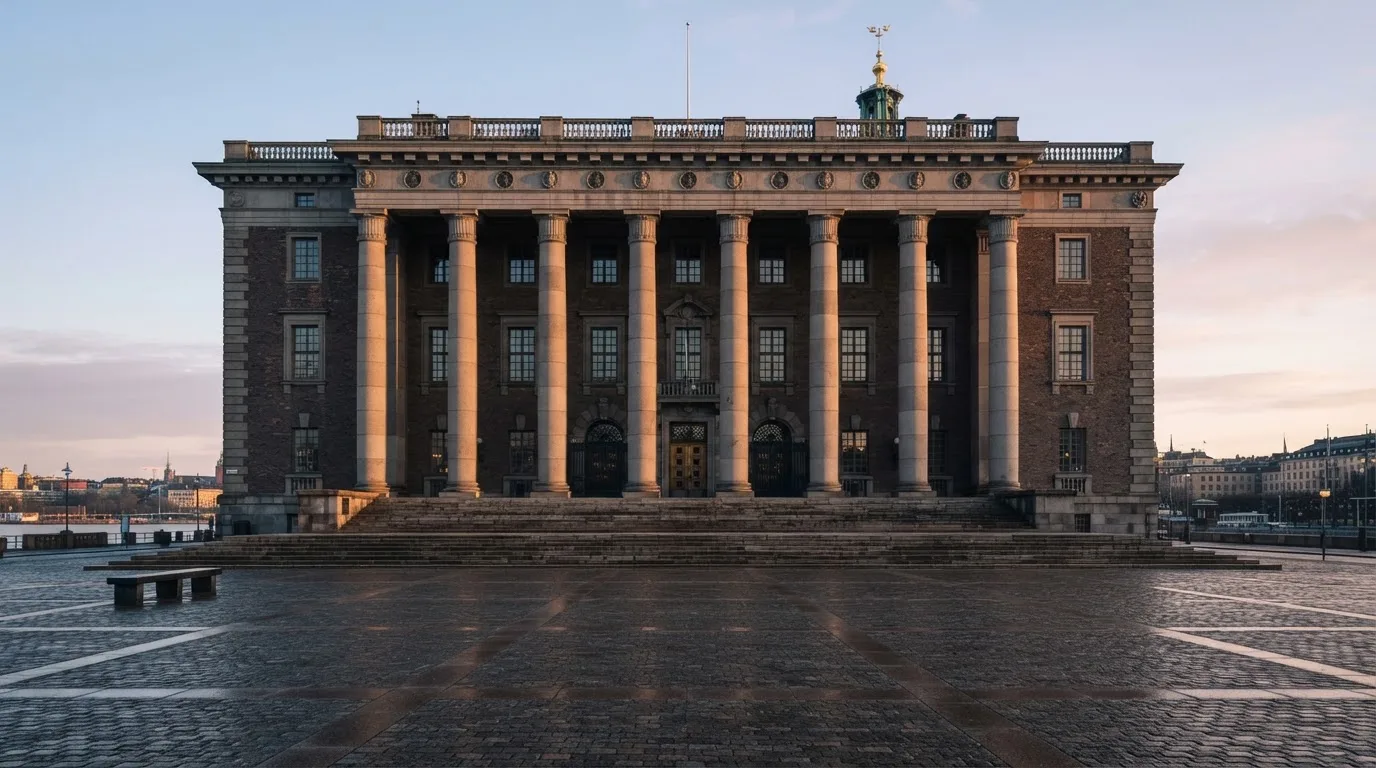 Stenfasad på en statlig byggnad i Stockholm vid gryning, höga pelare och ett tomt torg framför — 40 free spins casino i sverige