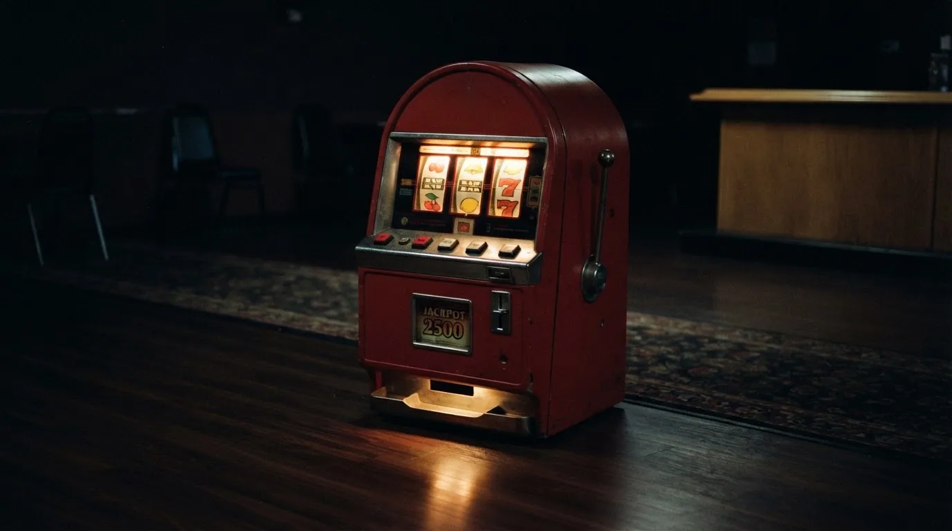 En gammal spelautomat lyser i den dunkla hallen och speglar sig i golvet — 5 euro casino i sverige
