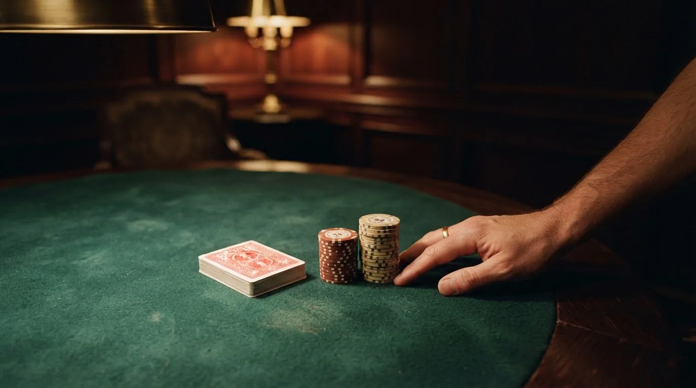Kortlek och staplar av spelmarker på ett grönt filtbord i en dunkel salong, varmt lampsken — 50 euro casino i sverige