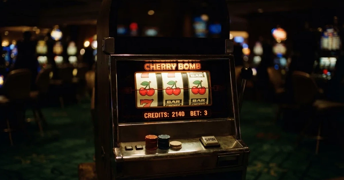 Rullarna på en spelautomat stannar i rad, klarröda körsbär lyser i den mörka spelhallen — 50 free spins casino i sverige