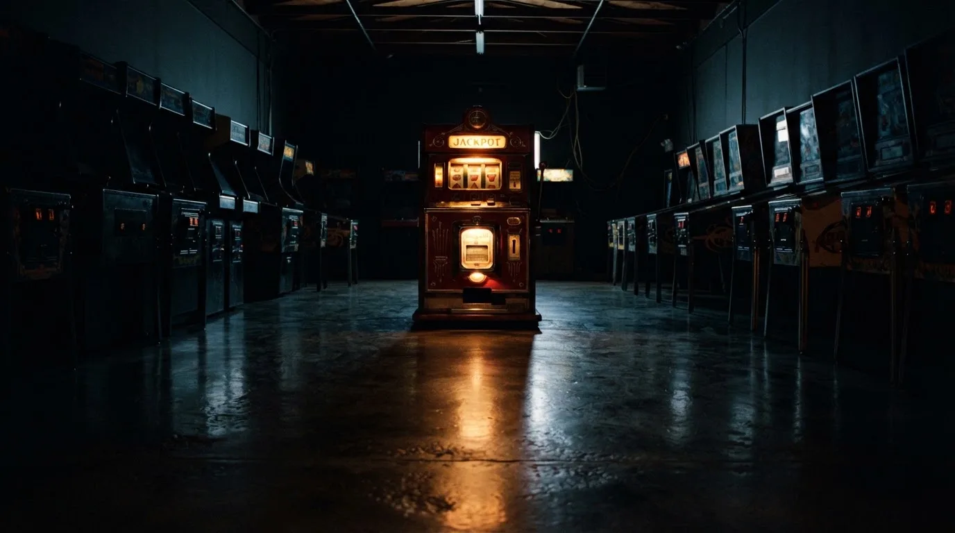En gammal spelautomat lyser i den dunkla hallen och speglar sig i golvet — bästa kasino i sverige