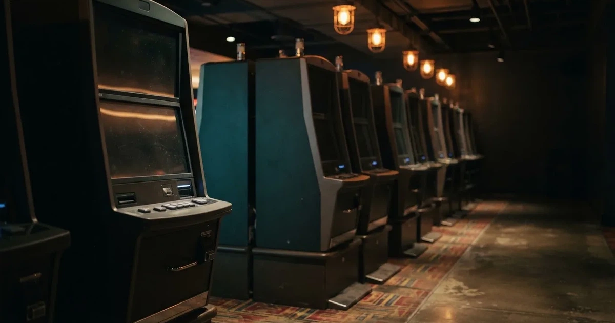 Rader av tomma spelautomater med släckta skärmar står uppställda i ett dimmat rum, fotograferat snett från sidan.