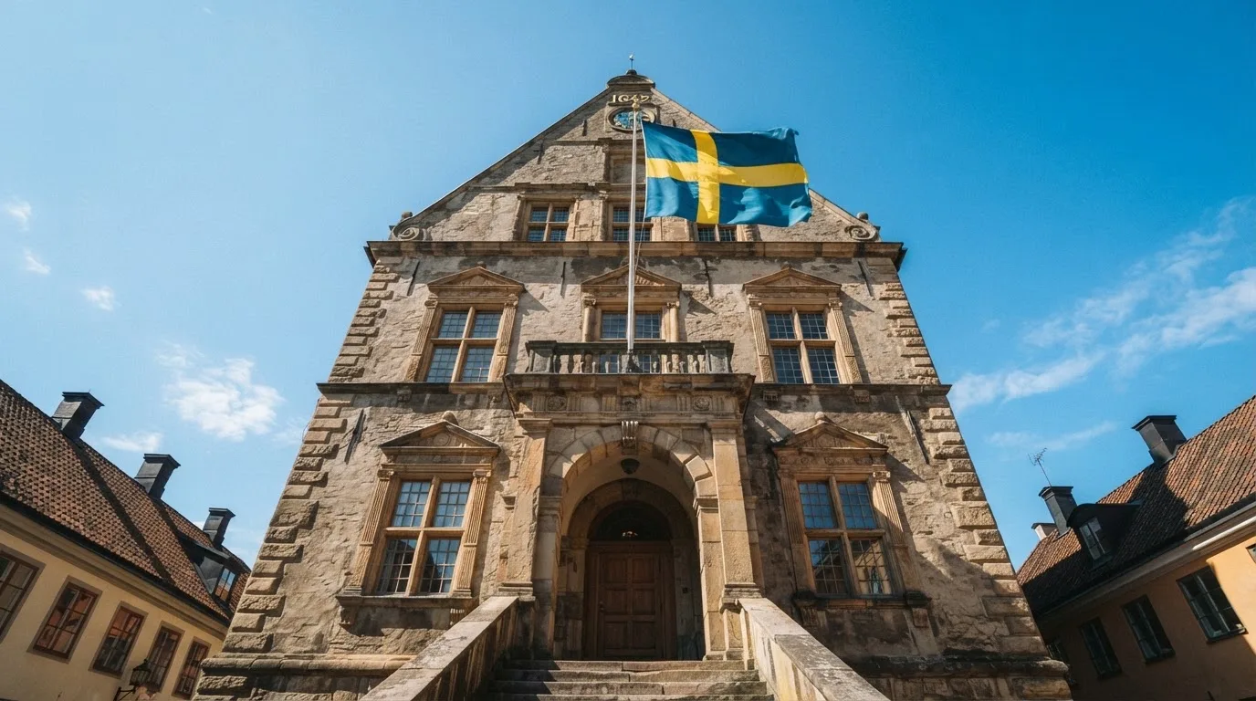 Ett gammalt stadshus i sten fotograferat underifrån mot en klarblå himmel, med den svenska flaggan som fladdrar ovanför entrén.