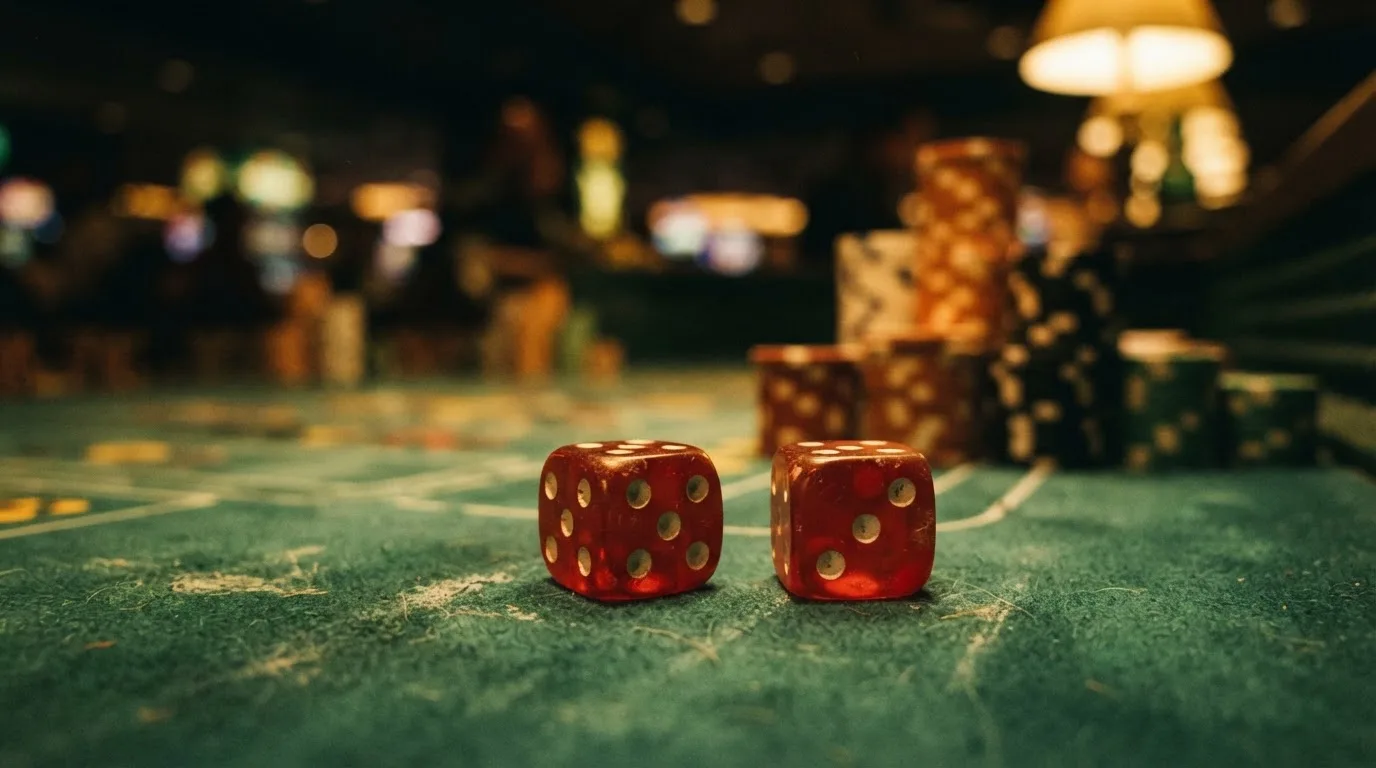 Röda tärningar vilar på grönt filt, bakom dem suddiga torn av spelmarker i kvällsdunklet — betala på casino i sverige