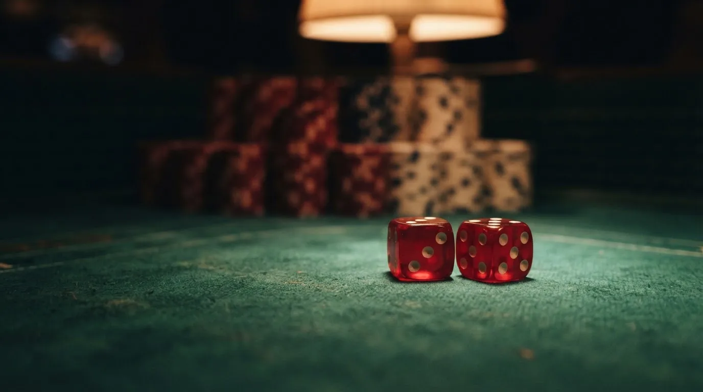 Röda tärningar vilar på grönt filt, bakom dem suddiga torn av spelmarker i kvällsdunklet — blackjack gratis i sverige