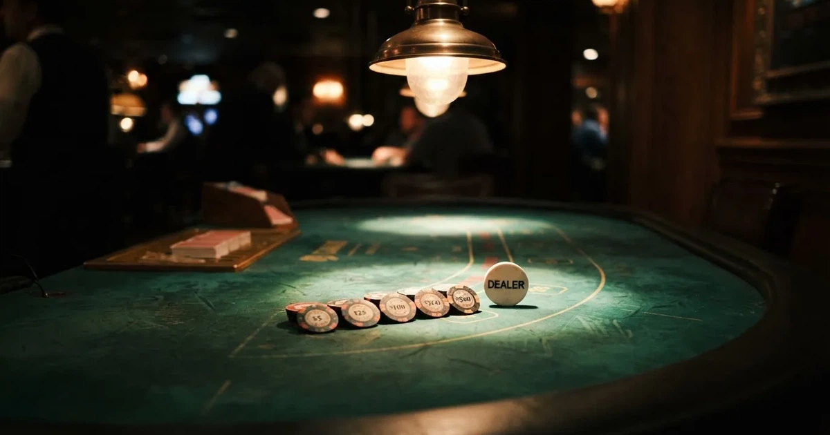 Ett ovalt pokerbord under en lågt hängande lampa, med spelmarker och en vit bricka i ljuset — blackjack med live dealer i sverige