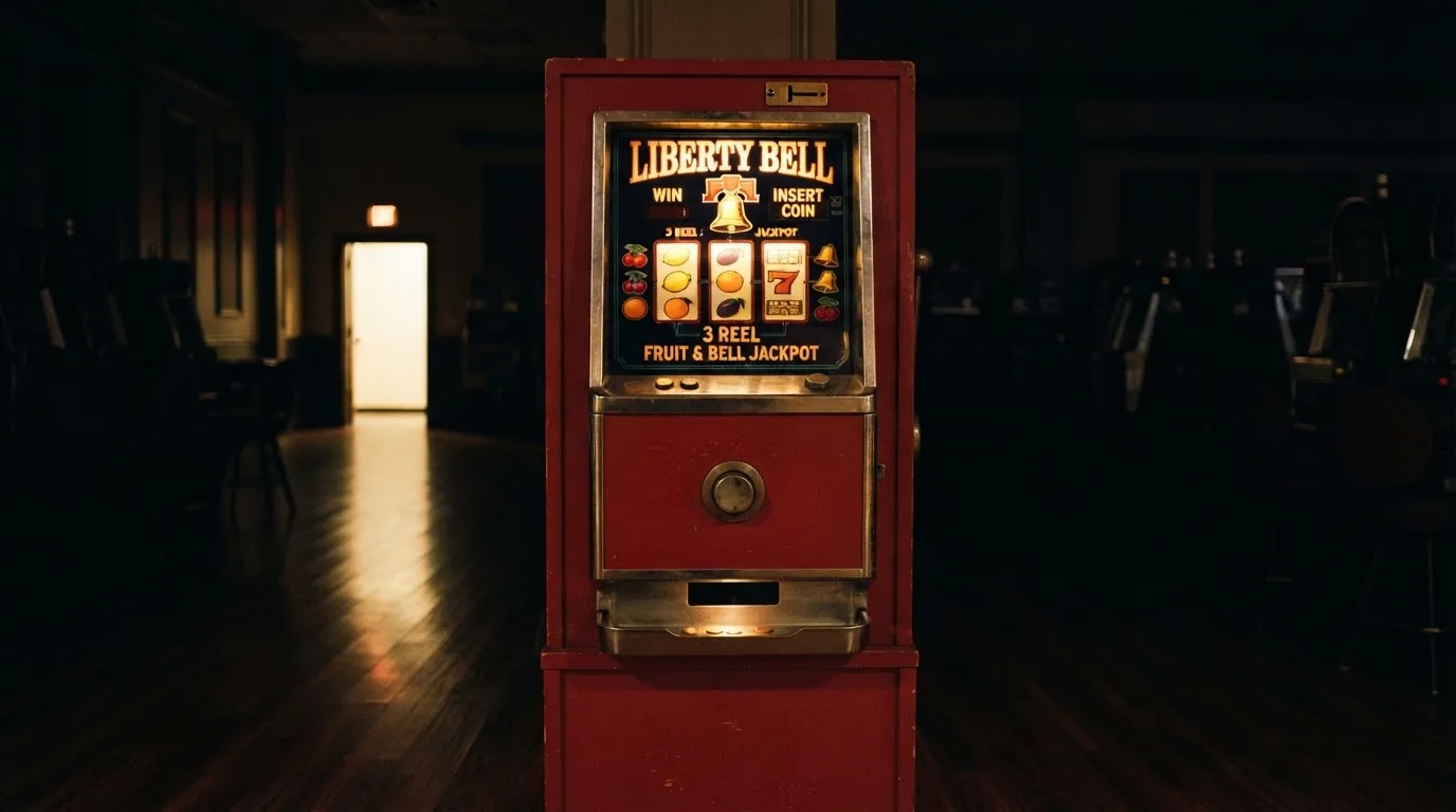 En gammal spelautomat lyser i den dunkla hallen och speglar sig i golvet — blackjack på nätet i sverige