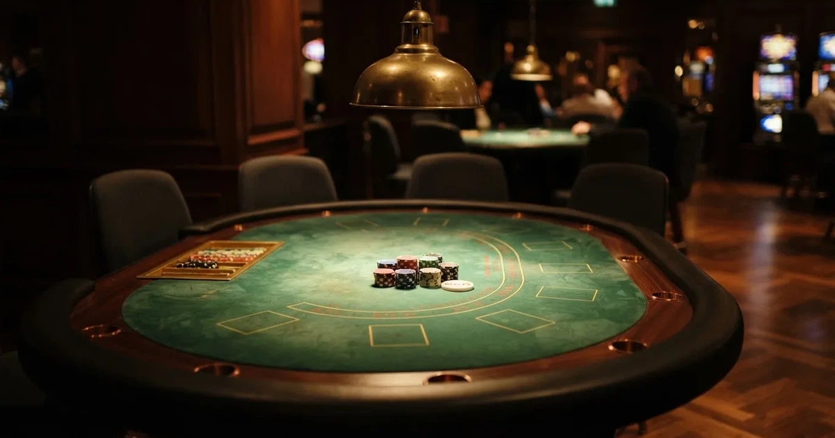 Ett ovalt pokerbord under en lågt hängande lampa, med spelmarker och en vit bricka i ljuset — blackjack på nätet i sverige