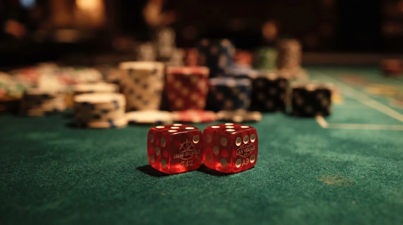 Röda tärningar vilar på grönt filt, bakom dem suddiga torn av spelmarker i kvällsdunklet — bra svenska casinon