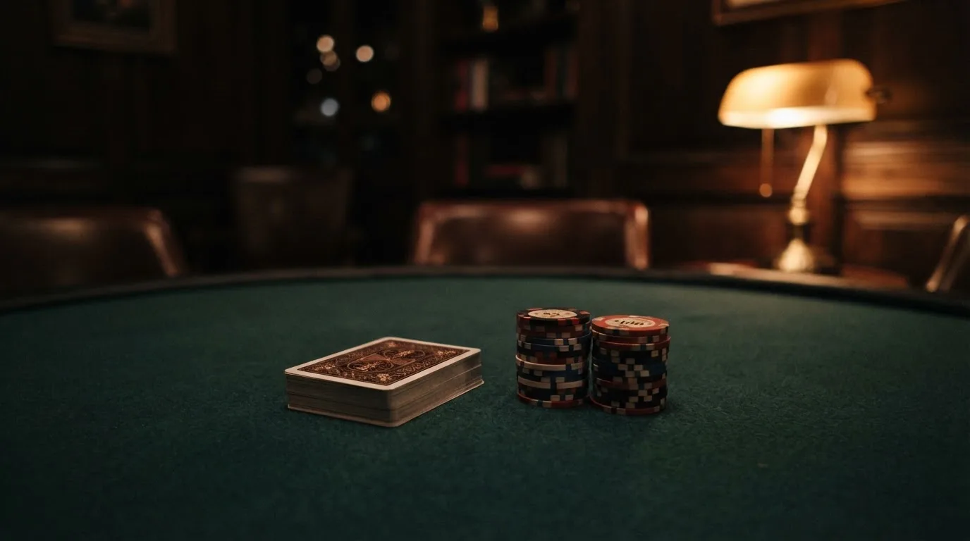 Kortlek och staplar av spelmarker på ett grönt filtbord i en dunkel salong, varmt lampsken — cashback på casino i sverige