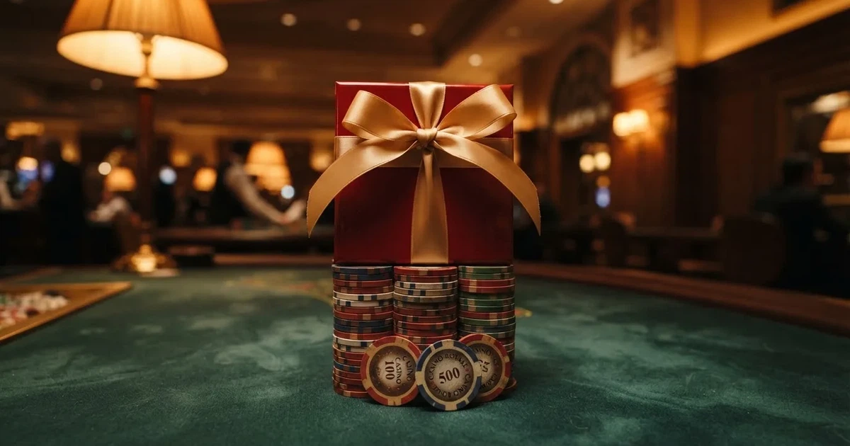 En röd presentask med guldband ovanpå en hög spelmarker på grönt filt, ljuslågan speglas i bandet — cashback på casino i sverige