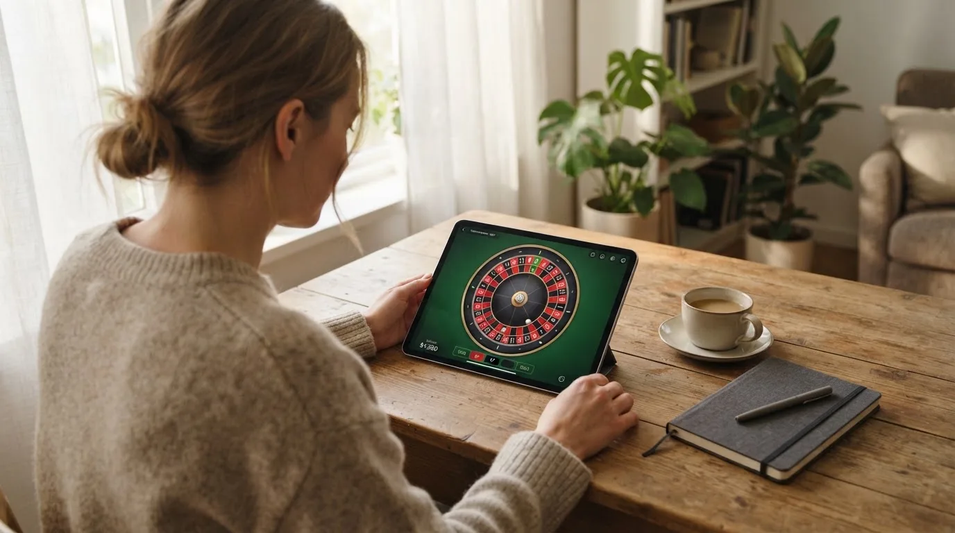 En person sitter vid ett skrivbord hemma med en surfplatta nedvänd bredvid en kopp kaffe i morgonljus.