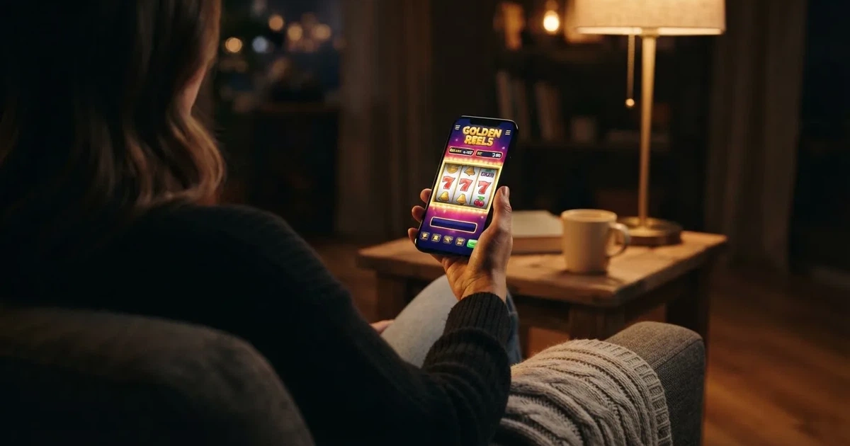 En hand håller en smartphone med skärmen vänd nedåt medan personen sitter i en fåtölj i mjukt kvällsljus.