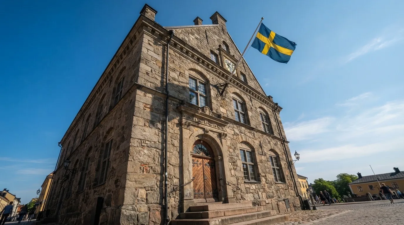 Ett gammalt stadshus i sten fotograferat underifrån mot en klarblå himmel, med den svenska flaggan som fladdrar ovanför entrén.
