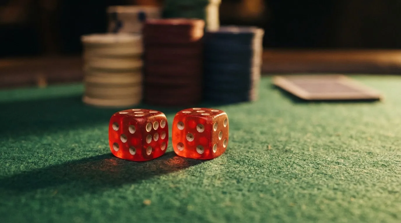 Röda tärningar vilar på grönt filt, bakom dem suddiga torn av spelmarker i kvällsdunklet — casino erbjudanden i sverige