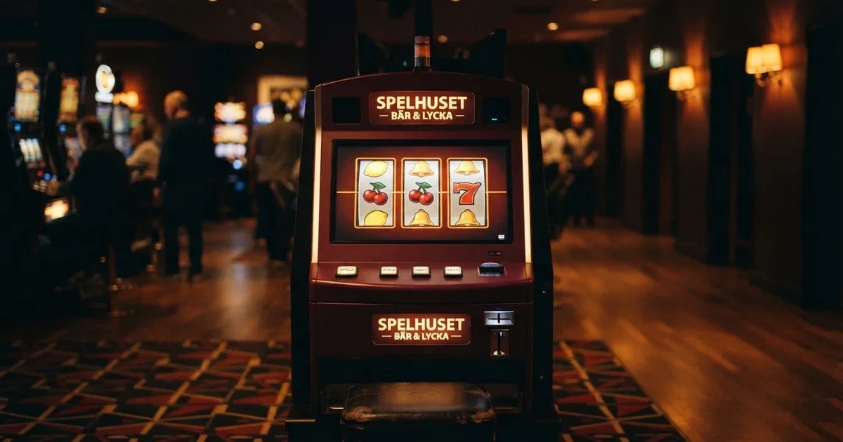 Rullarna på en spelautomat stannar i rad, klarröda körsbär lyser i den mörka spelhallen — casino erbjudanden i sverige