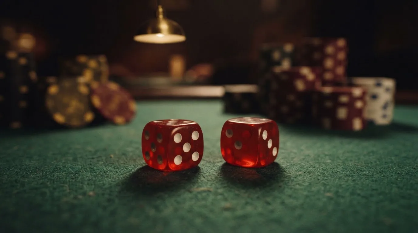 Röda tärningar vilar på grönt filt, bakom dem suddiga torn av spelmarker i kvällsdunklet — casino guider för svenskar