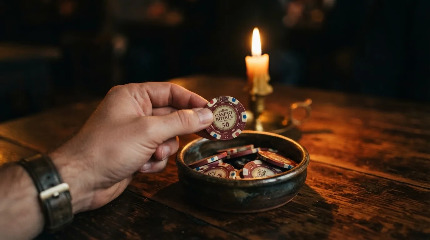 En hand lyfter en spelmark ur en skål, ljuslågan färgar bordet gyllenbrunt — casino recensioner i sverige