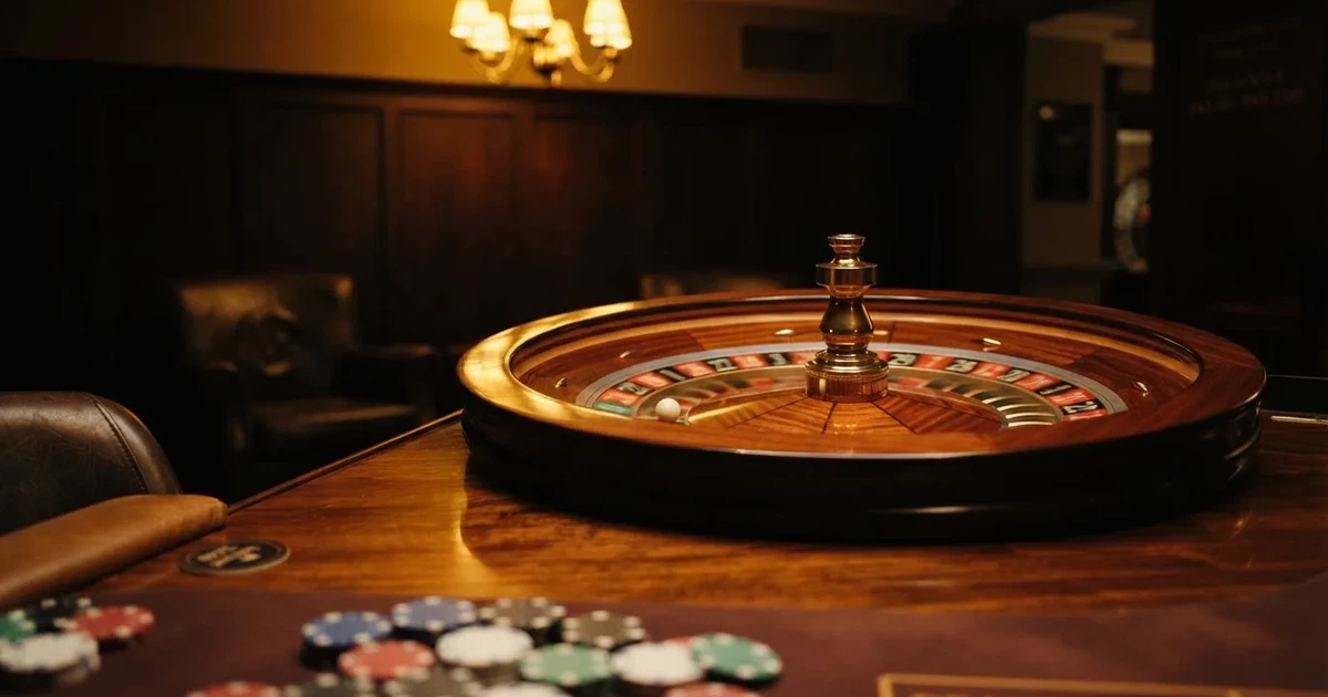 Ett roulettehjul snurrar på ett blankt träbord, den vita kulan glimmar i takljusets guld — casinon för riktiga pengar