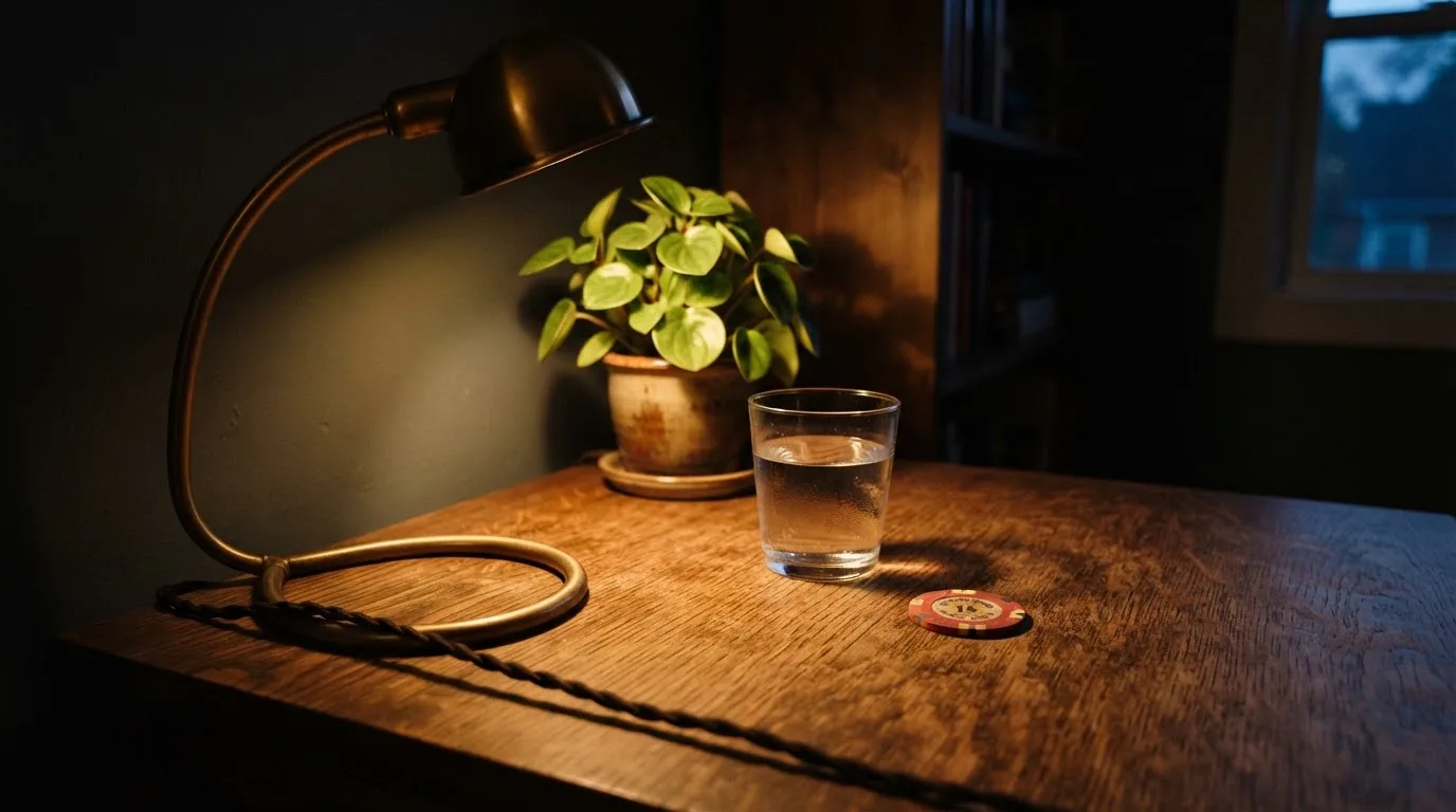 En skrivbordslampa lyser upp ett vattenglas och en kruka, rummet bakom mörknar sakta — casinon för riktiga pengar