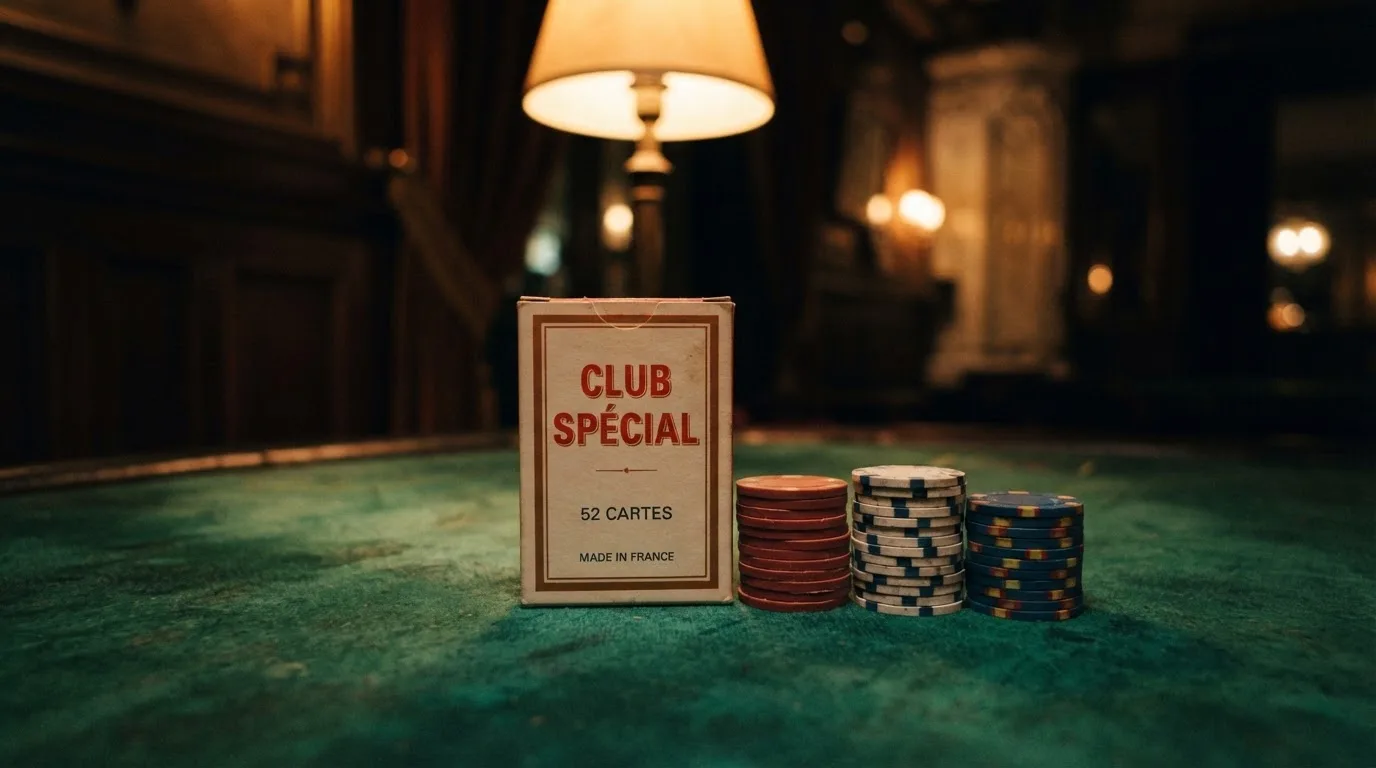 Kortlek och staplar av spelmarker på ett grönt filtbord i en dunkel salong, varmt lampsken — casinon med baccarat i sverige