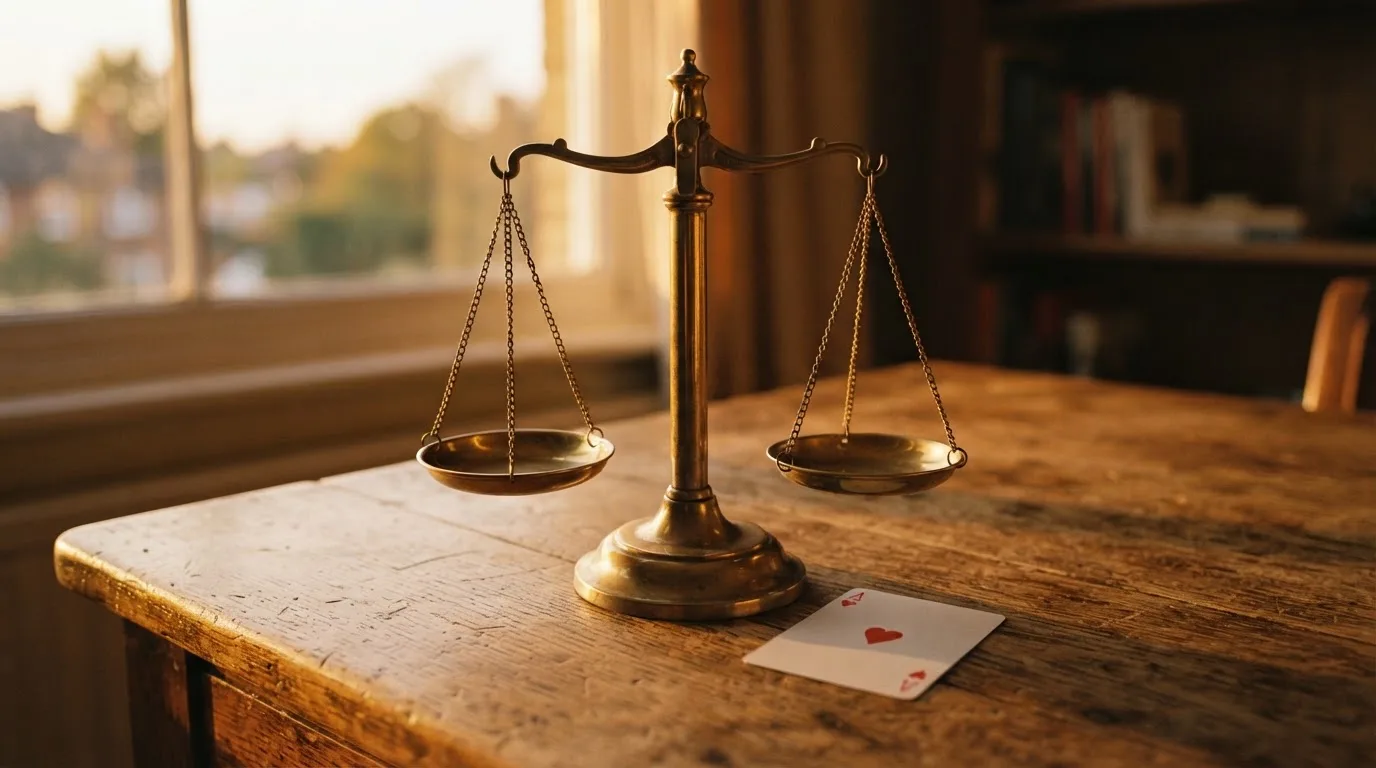 En balansvåg på ett träskrivbord, skålarna i jämvikt, gulaktigt kvällsljus från fönstret — casinon med baccarat i sverige