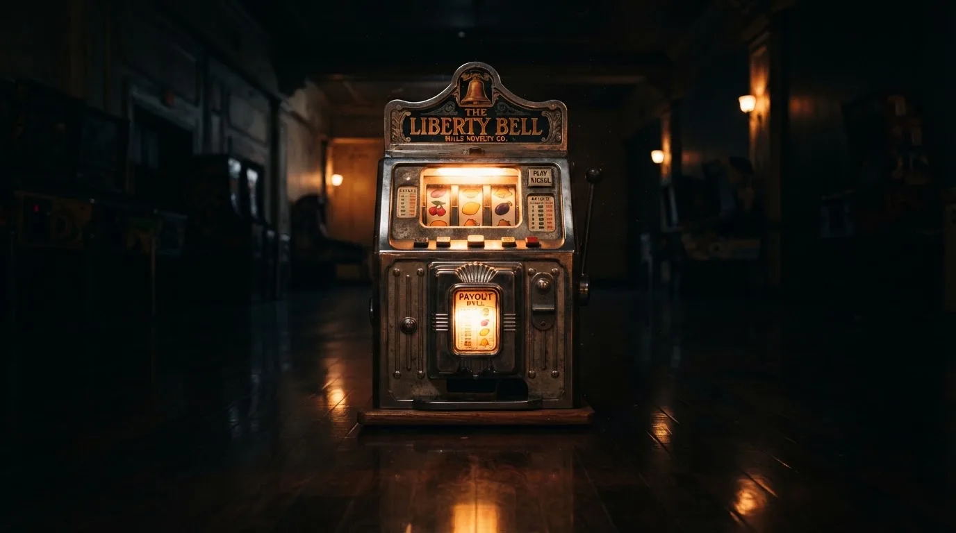 En gammal spelautomat lyser i den dunkla hallen och speglar sig i golvet — casinon med bankid i sverige
