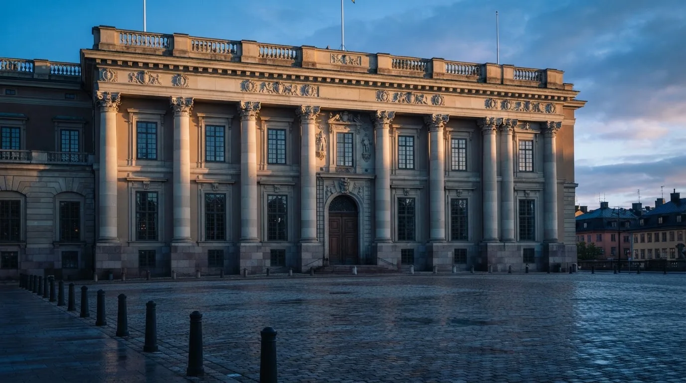 Stenfasad på en statlig byggnad i Stockholm vid gryning, höga pelare och ett tomt torg framför — casinon med bankid i sverige