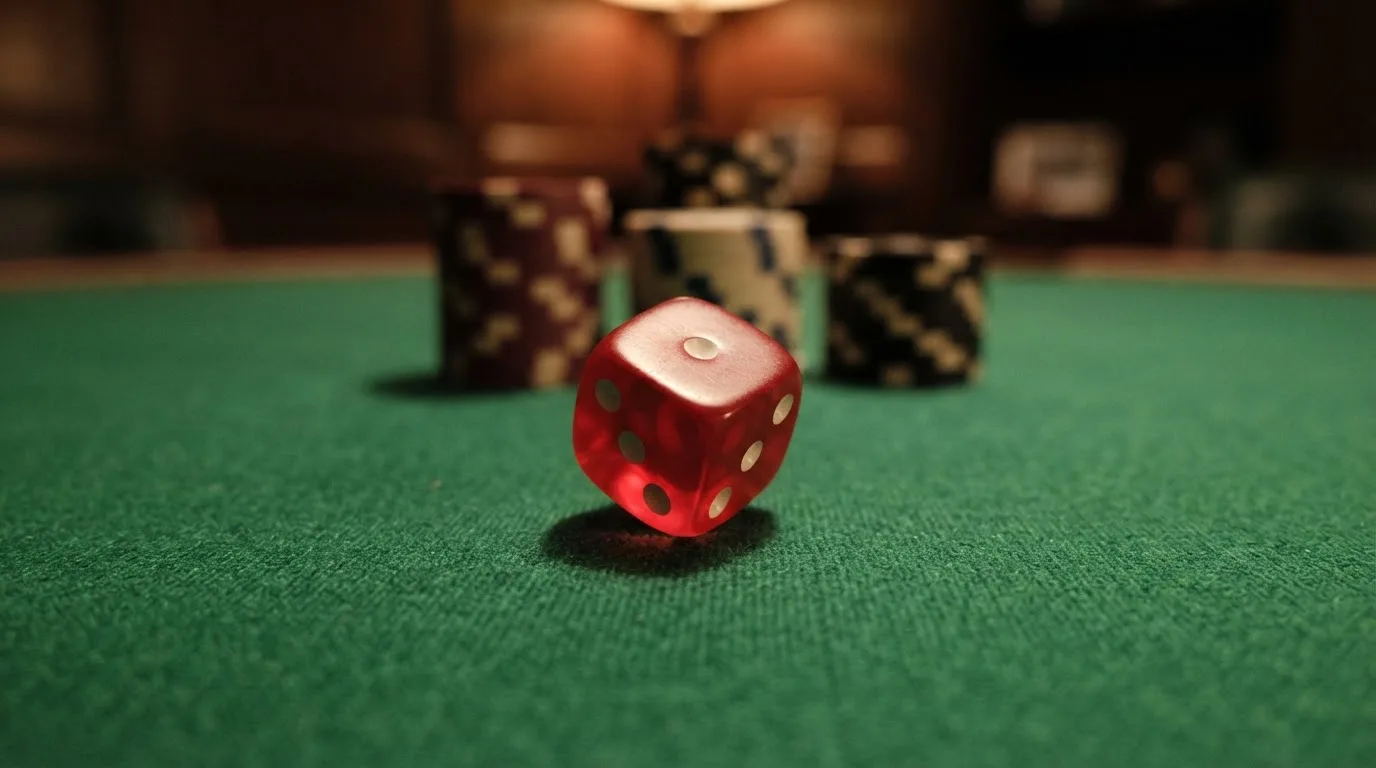 Röda tärningar vilar på grönt filt, bakom dem suddiga torn av spelmarker i kvällsdunklet — casinon med bingo i sverige