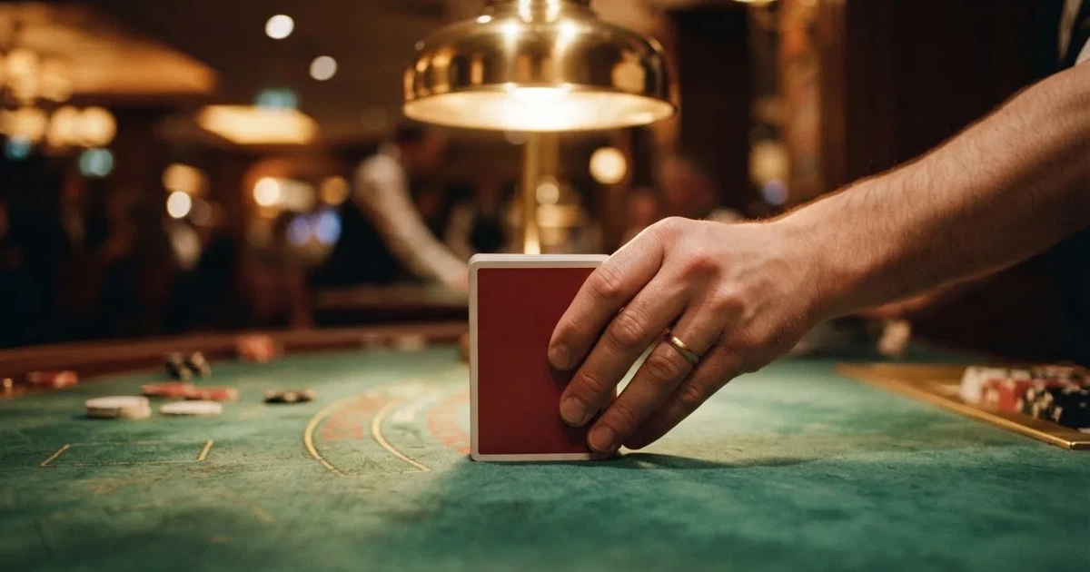Croupierens händer blandar kort på grönt filt, taklampan speglas i den blanka kortbunten — casinon med bingo i sverige