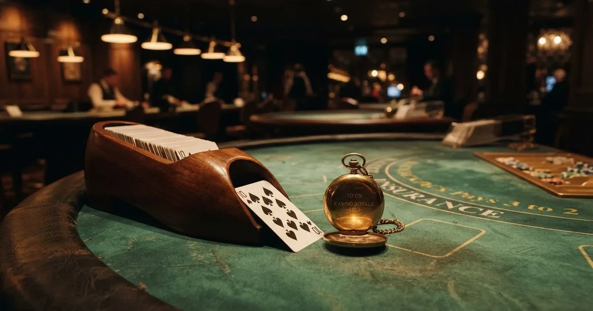 Grönt filt och en lång kortlåda av trä vid bordskanten, bredvid en blank mässingsklocka — casinon med blackjack i sverige