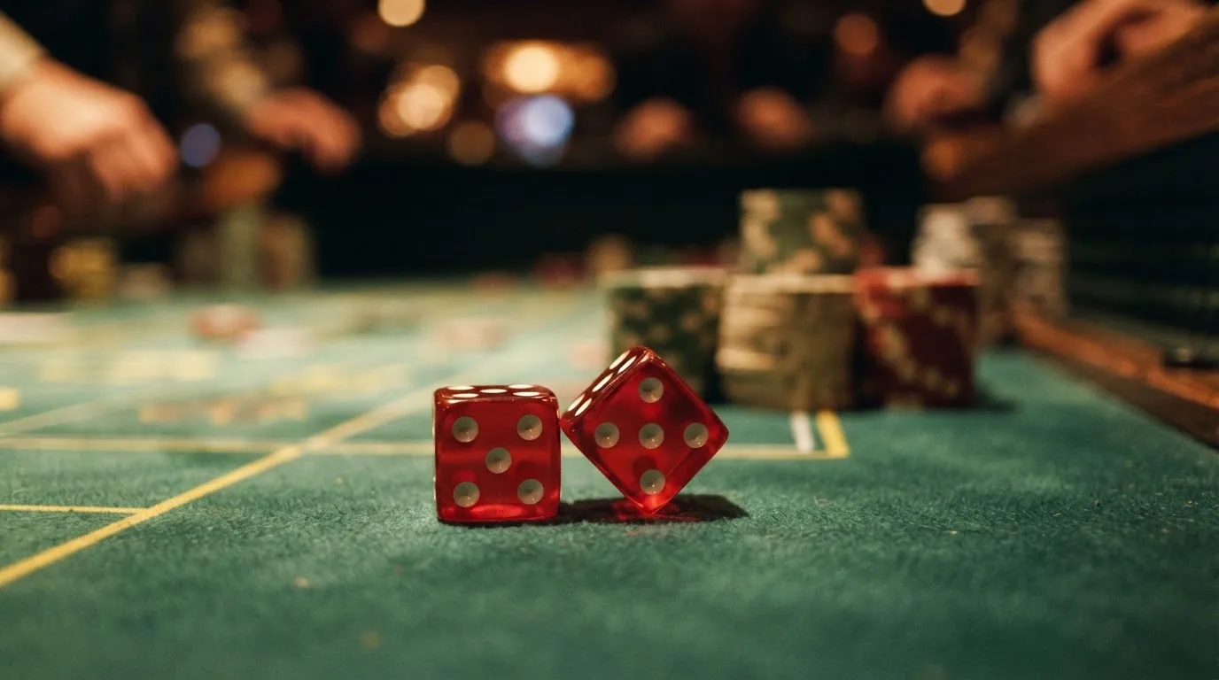 Röda tärningar vilar på grönt filt, bakom dem suddiga torn av spelmarker i kvällsdunklet — casinon med craps i sverige